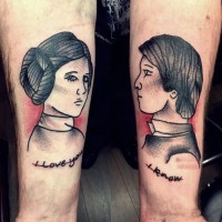 Simple homemade pained colored Han Solo and Leia Organa like portraits tattoo on forearms