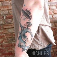 Simple homemade style arm tattoo of woman with umbrella
