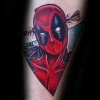 Simple homemade style colored arm tattoo of Deadpool with arrow in head