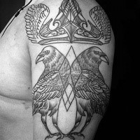 Simple homemade style shoulder tattoo of crows with crown