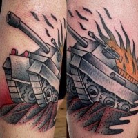 Simple illustrative style colored leg tattoo of burning tank