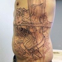 Simple illustrative style colored side tattoo of lineman skeleton
