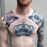 Simple illustrative style crown tattoo on chest with roses