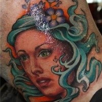 Simple illustrative style neck tattoo of beautiful woman portrait with flowers