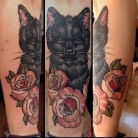 Simple lifelike colored forearm tattoo of black cat with roses