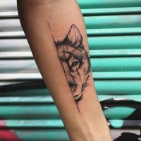 Simple linework style black ink forearm tattoo of wolf head part