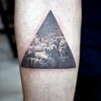 Simple little black and white triangle stylized with clouds tattoo on arm