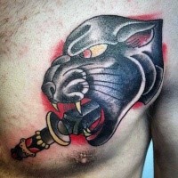 Simple multicolored chest tattoo of black panther with sword