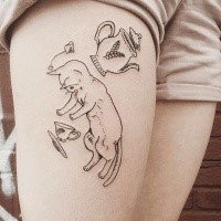 Simple old looking for girls tattoo on thigh with cup