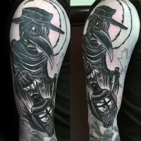 Simple old looking upper arm tattoo of plague doctor with gas lamp