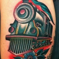 Simple old school biceps tattoo of small train with flowers