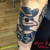 Simple old school style black ink arm tattoo of plague doctor with small flower