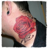 Simple painted big red rose tattoo on neck