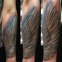 Tatuaje en el antebrazo,
 ala larga de ave, negro blanco