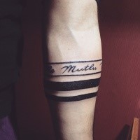 Simple painted black ink arm tattoo of thick lines with lettering