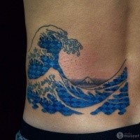 Simple painted colored back tattoo of large blue wave