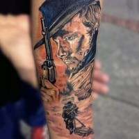 semplice dipinto colorato stilizzato occidentale cowboy tatuaggio su braccio