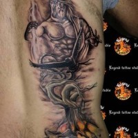 Simple painted colored Zeus tattoo on back stylized with tree and crow