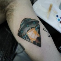 Simple painted colorful tiny alien ship tattoo on arm