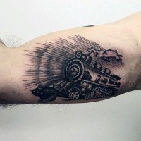 Simple painted little black ink old train tattoo on arm