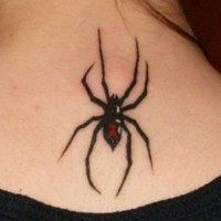 Simple painted little colored spider tattoo on neck