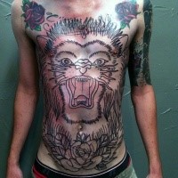 Simple sketch style chest and belly tattoo of roaring tiger with flowers