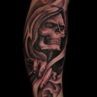 Simple style painted colored live skeleton tattoo on leg