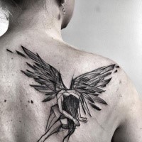 Sketch like black ink scapular tattoo painted by Inez Janiak angel