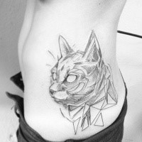Sketch like black ink side tattoo of cat head