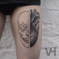 Sketch like painted by Valentin Hirsch tattoo of split human skull with human heart