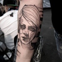 Sketch style black ink arm tattoo of woman with lettering