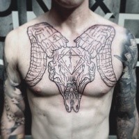 Sketch style black ink chest tattoo of animal skull with geometrical figures