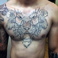 Sketch style black ink chest tattoo of big tiger head