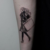 Sketch style black ink forearm tattoo of walking woman