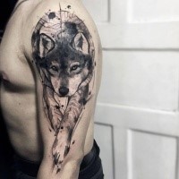 Sketch style black ink half sleeve tattoo of steady wolf