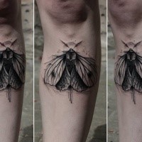 Sketch style black ink leg tattoo of small butterfly