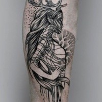 Sketch style black ink leg tattoo of mystical woman with horns