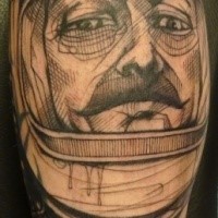 Sketch style black ink leg tattoo of old astronaut