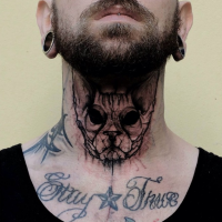 Sketch style black ink neck tattoo of mystical cat