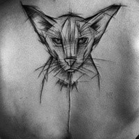 Sketch style black ink painted by Inez Janiak upper back tattoo of steady cat