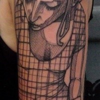 Sketch style black ink shoulder tattoo of woman with lettering