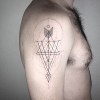 Sketch style black ink shoulder tattoo of geometrical ornaments
