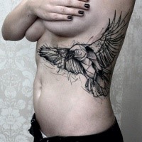 Sketch style black ink side tattoo od flying bird