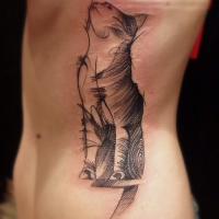 Sketch style black ink side tattoo of cute cat