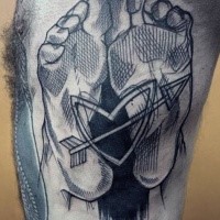 Sketch style black ink side tattoo of human legs with heart and arrow