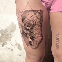 Sketch style black ink thigh tattoo of elephant head
