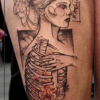 Sketch style black ink thigh tattoo of beautiful woman with human skeleton with flowers