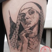 Sketch style black ink thigh tattoo of mother face