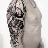 Sketch style black ink upper arm tattoo of samurais skull with helmet