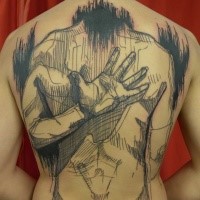 Sketch style black ink whole back tattoo of human figure